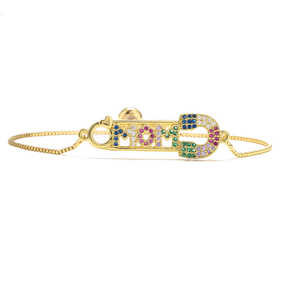 Geometric Gold Plated Brass Cubic Zirconia MOM Paperclip Bracelet for Women