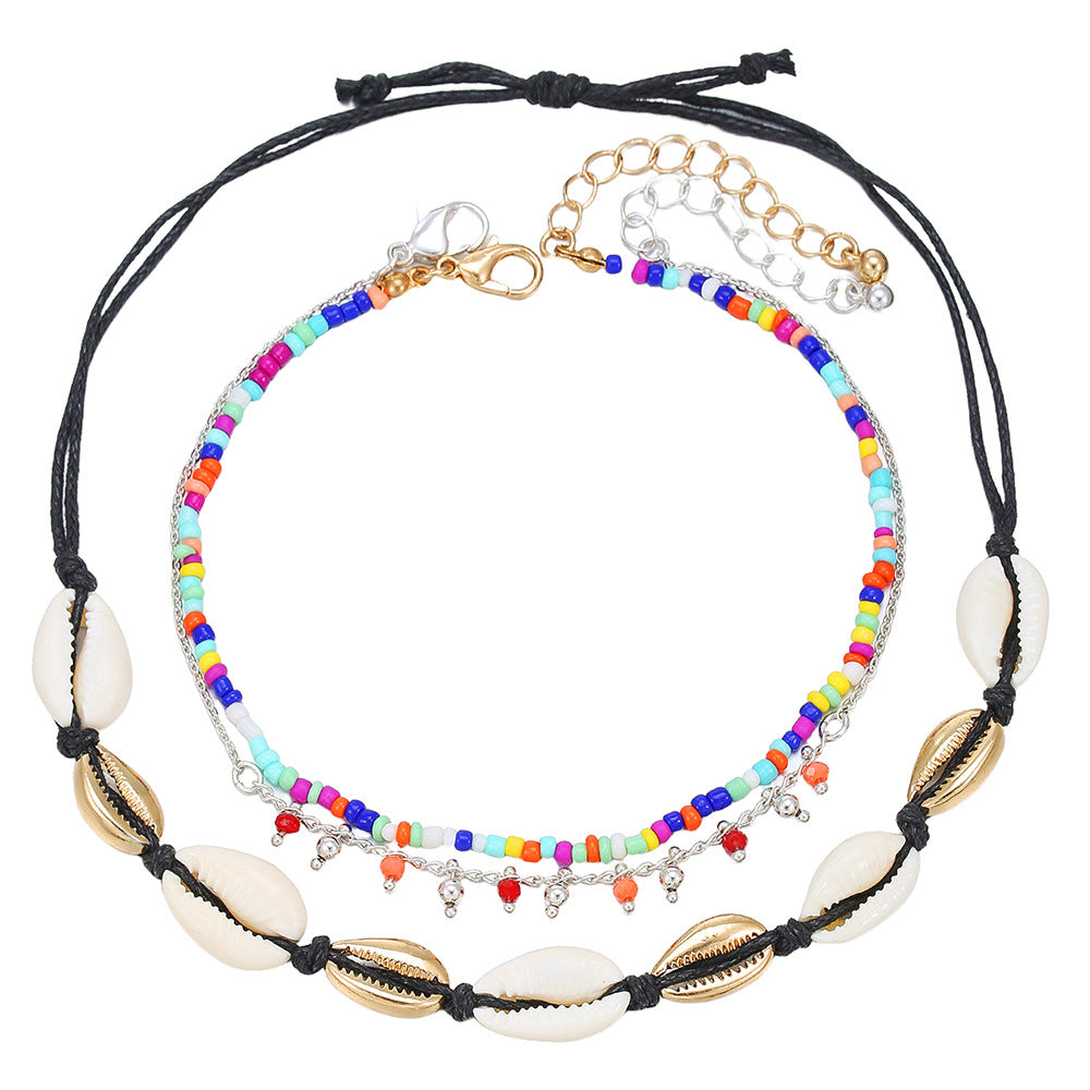 Bohemian Braided Geometric Brass and Glass Bead Anklet for Women