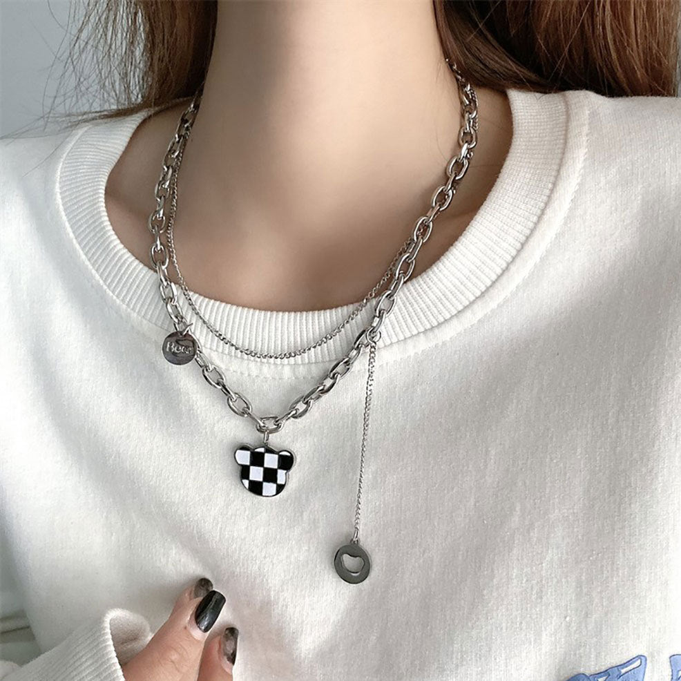 Minimalist Checkerboard Pattern Titanium Steel Double Layer Necklace for Women and Men with Enamel Finish