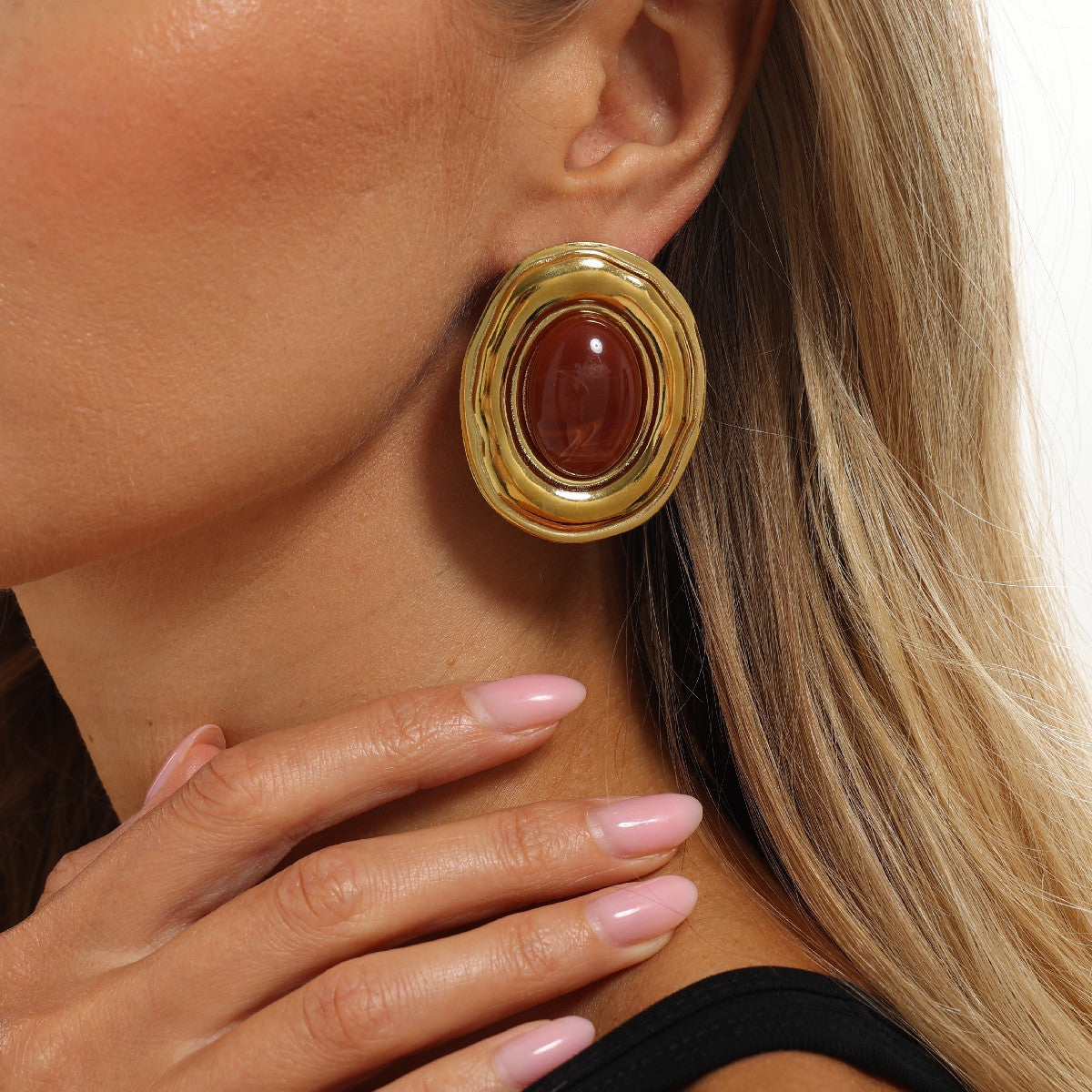 Vintage Geometric Oval Stainless Steel PVD 18K Gold Plated Resin Gradient Earrings for Women