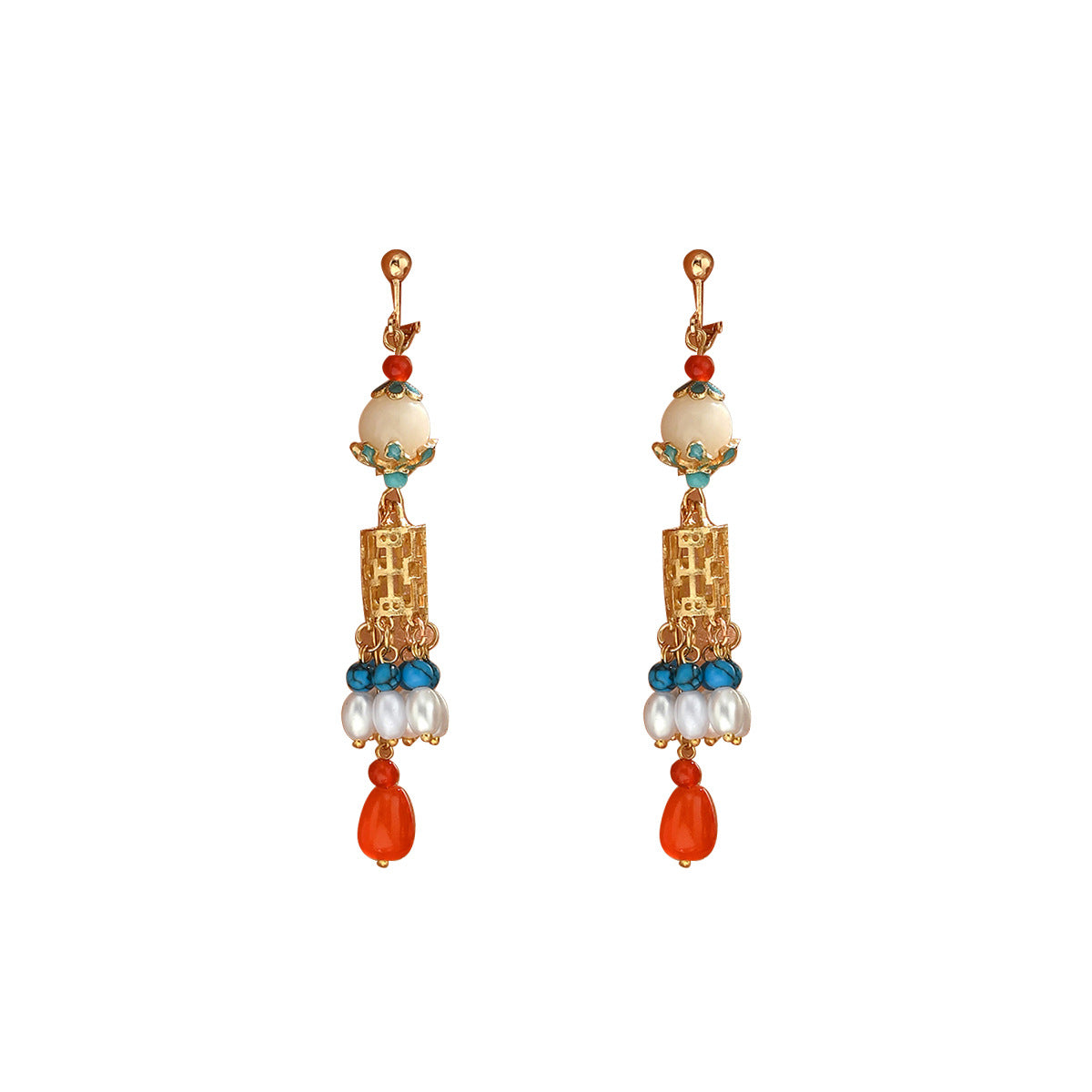 Pendientes de mujer de cobre con forma de farolillo de inspiración vintage, adornados con cristales y perlas, y postes de acero inoxidable