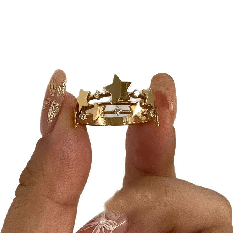 Anillo abierto de lujo francés retro con forma de estrella para mujer con incrustaciones de circonita cúbica en cobre