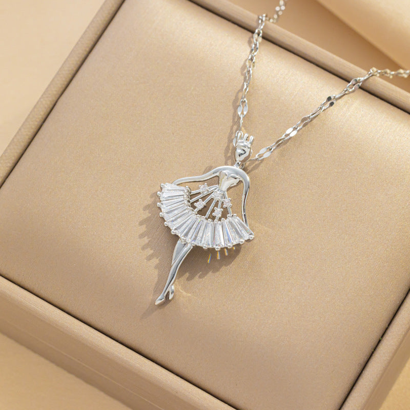 Fashion Ballet Girl Pendant Necklace in Titanium Steel with Micro-Pavé Zirconia, Geometric Shape, Water Wave Chain, Hypoallergenic Plated Finish for Women