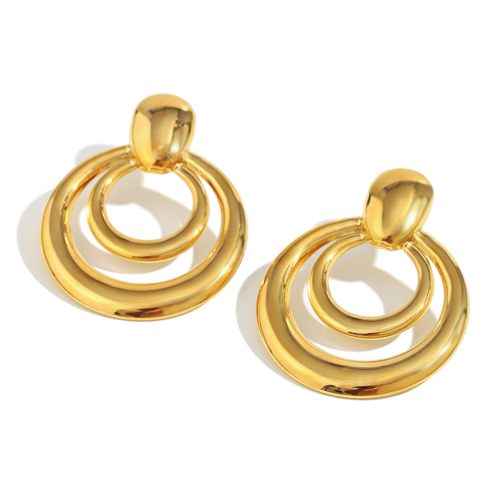 Minimalist Modern 18K Gold Plated Stainless Steel Geometric Double Ring Stud Earrings for Women