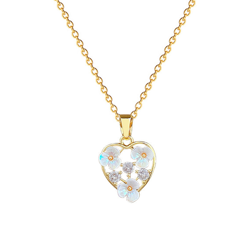 Sweet Elegant Heart Geometric Floral Cubic Zirconia Titanium Steel Necklace for Women and Men