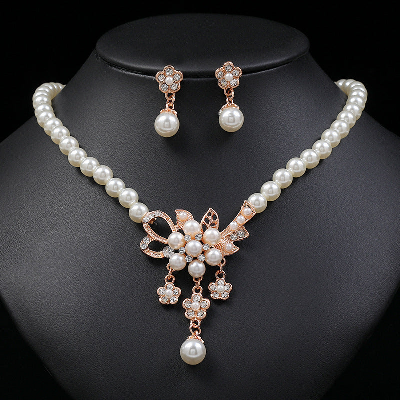 Elegant Floral Pearl Necklace and Earrings Set for Women Alloy Plated with Delicate Flower Pendant and Fresh Sweet Style