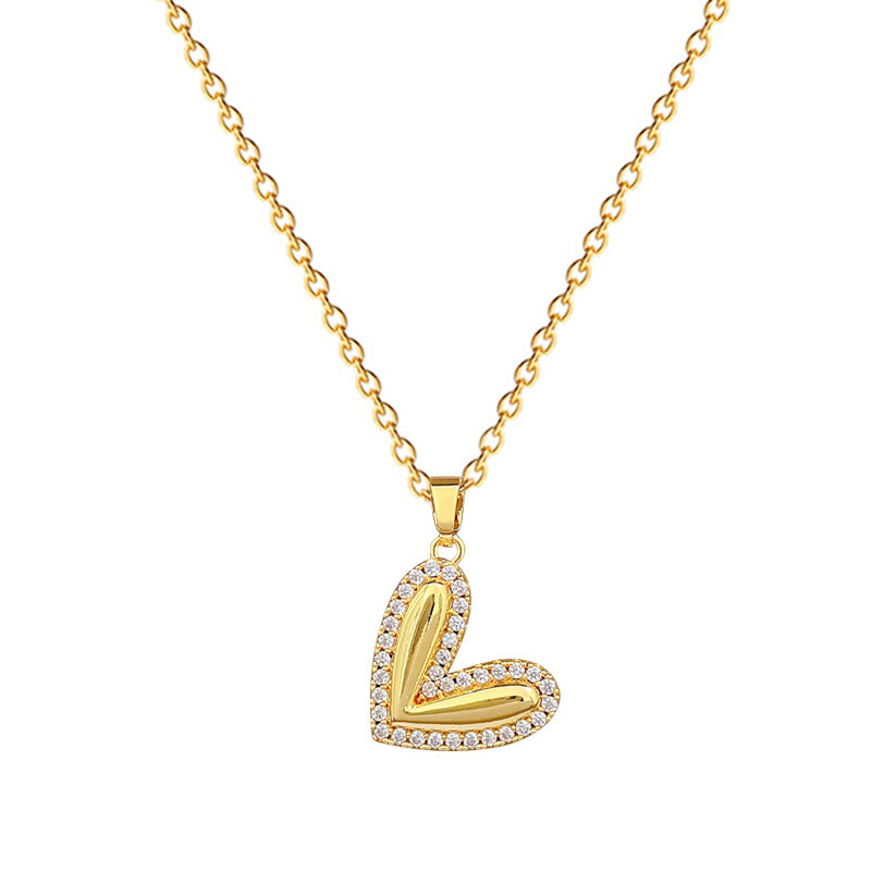Collana minimalista da donna in acciaio al titanio a forma di cuore, con finitura lucida e intarsio di strass