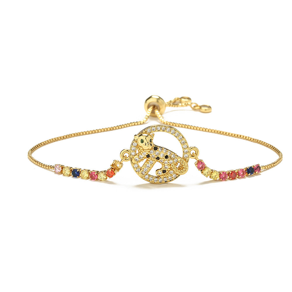 Minimalist Geometric Evil Eye Adjustable Bracelet for Women with Brass Base and Gold Plating Featuring Micro-Pave Leopard Charm