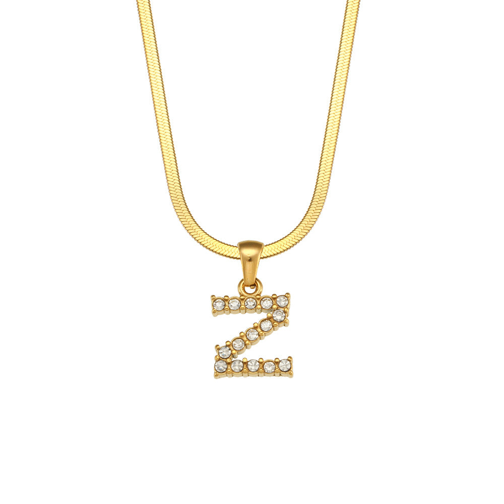 Collana Minimalista con Ciondolo a Lettera in Acciaio Inossidabile con Placcatura in Oro 18K e Zircone su Catena a Serpente Piatta per Donna
