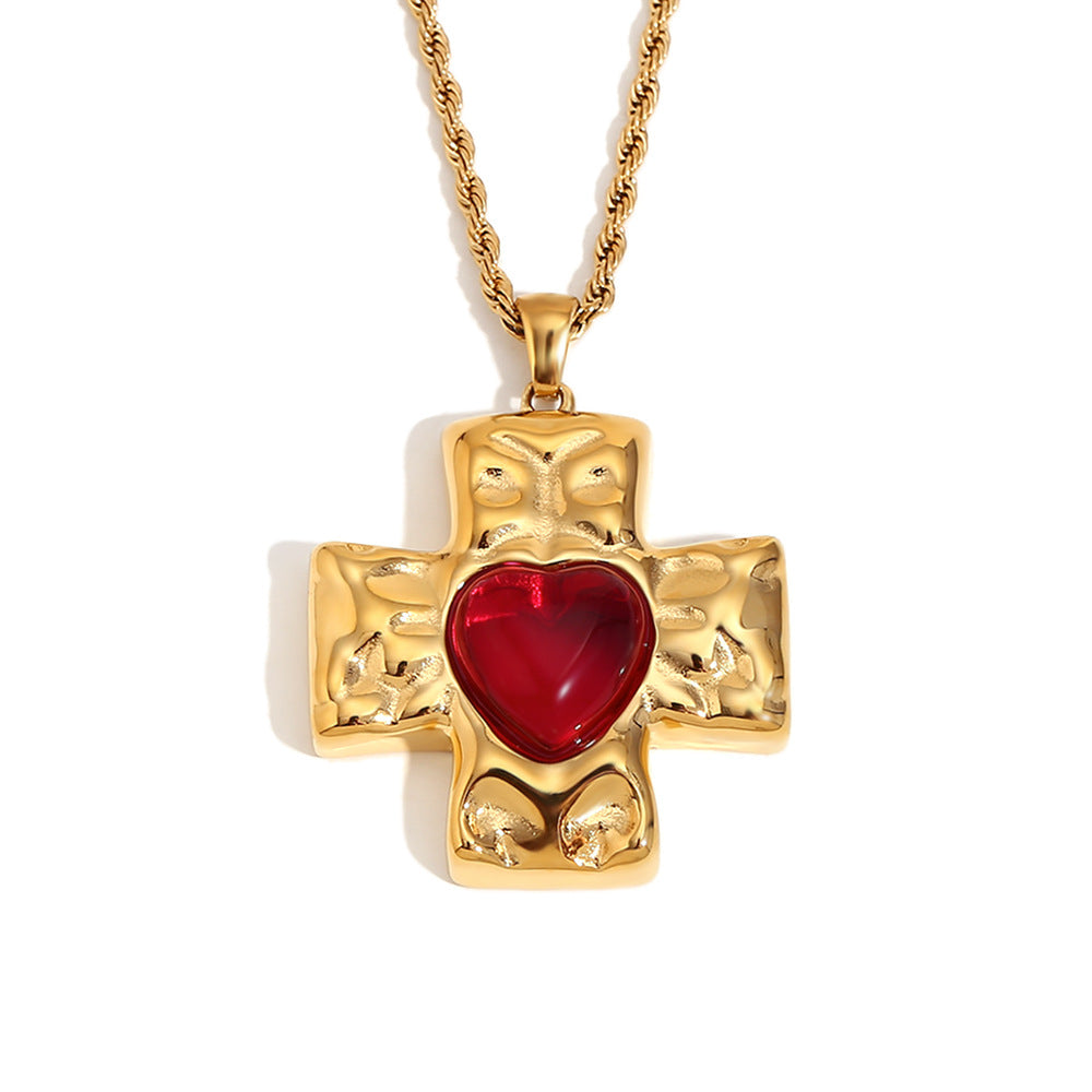 Collana con ciondolo a forma di cuore e croce, stile vintage francese, in acciaio inossidabile placcato oro 18 carati con finitura martellata