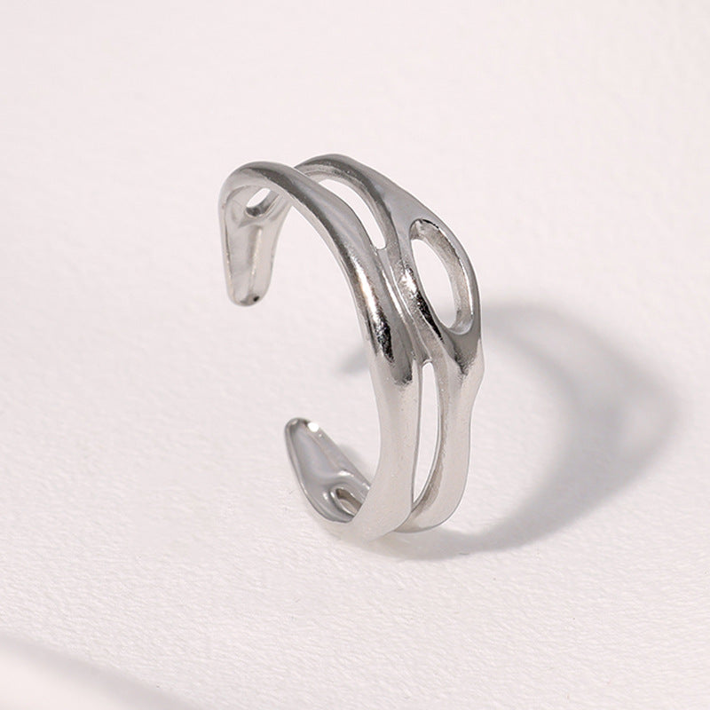 Anello da donna in acciaio inossidabile placcato oro, a doppio strato, geometrico e cavo, stile minimalista