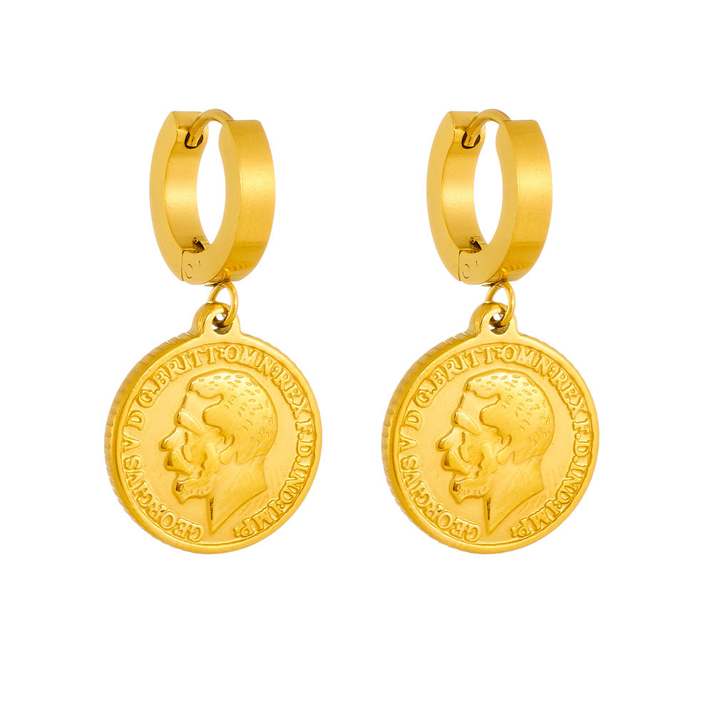 Collana con Pendente Rotondo Vintage a Figura Umana Astratta in Acciaio Inossidabile con Placcatura Oro