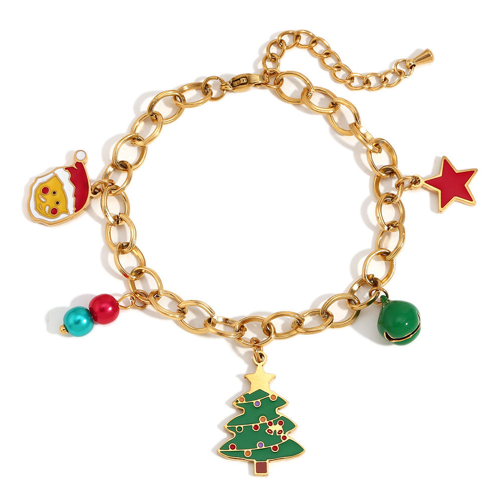 Pulsera colgante de campana de árbol de Navidad a la moda para mujer de acero inoxidable con chapado en oro de 18 quilates Diseño geométrico Joyería navideña
