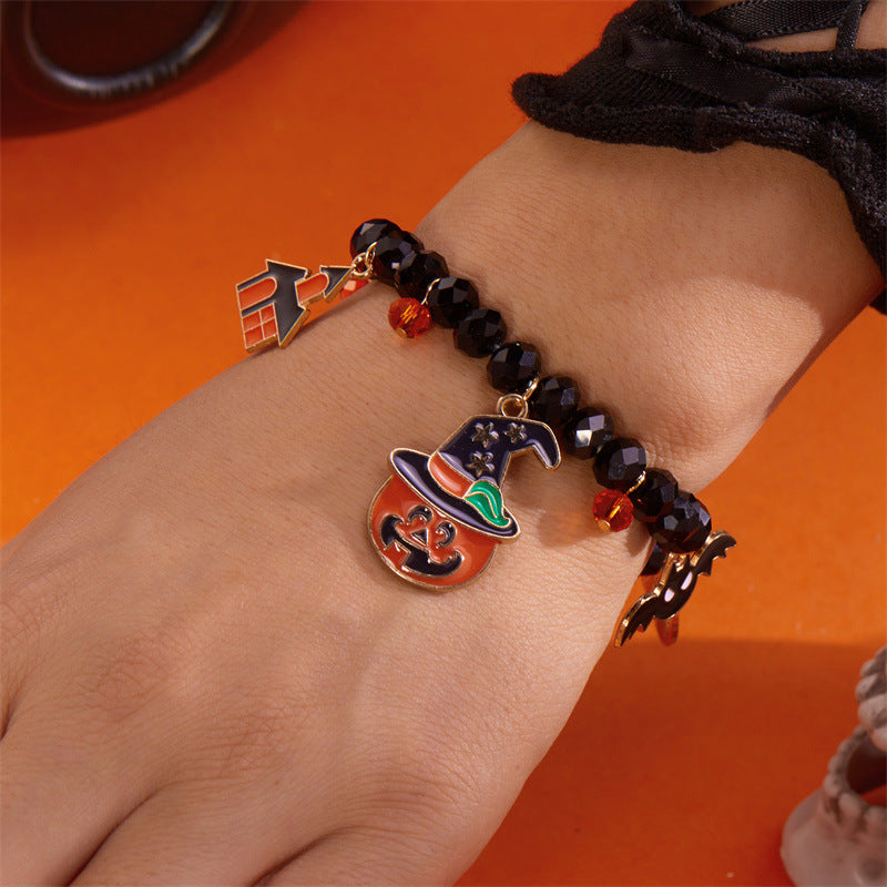 Bracciale con perline a tema Halloween con ciondoli a forma di zucca e fantasma, gioielli fatti a mano in lega con forme geometriche e cristalli per donna