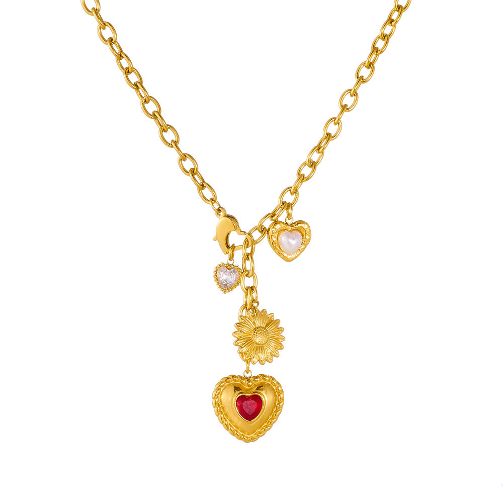 Vintage Gold Plated Stainless Steel Heart Sunflower Rhinestone Pendant Necklace with Tassel