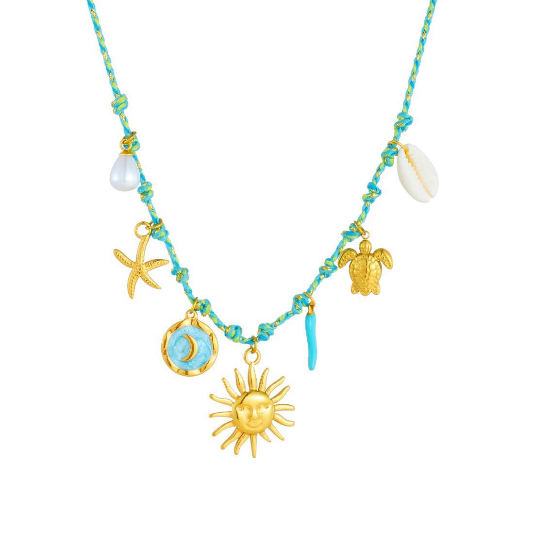 Sweet Gold Plated Drip Oil Round Star Moon Face Turtle Sea Star Pendant Necklace for Women