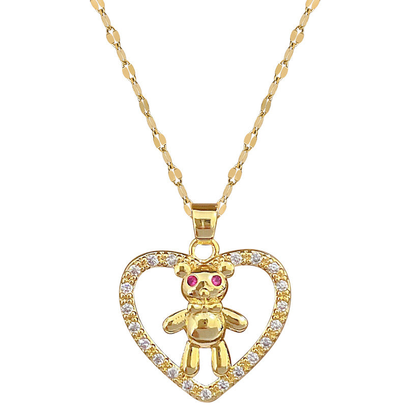 Collar minimalista de acero de titanio en forma de corazón con colgante de oso de ojos rojos y incrustaciones completas de diamantes de imitación para mujer