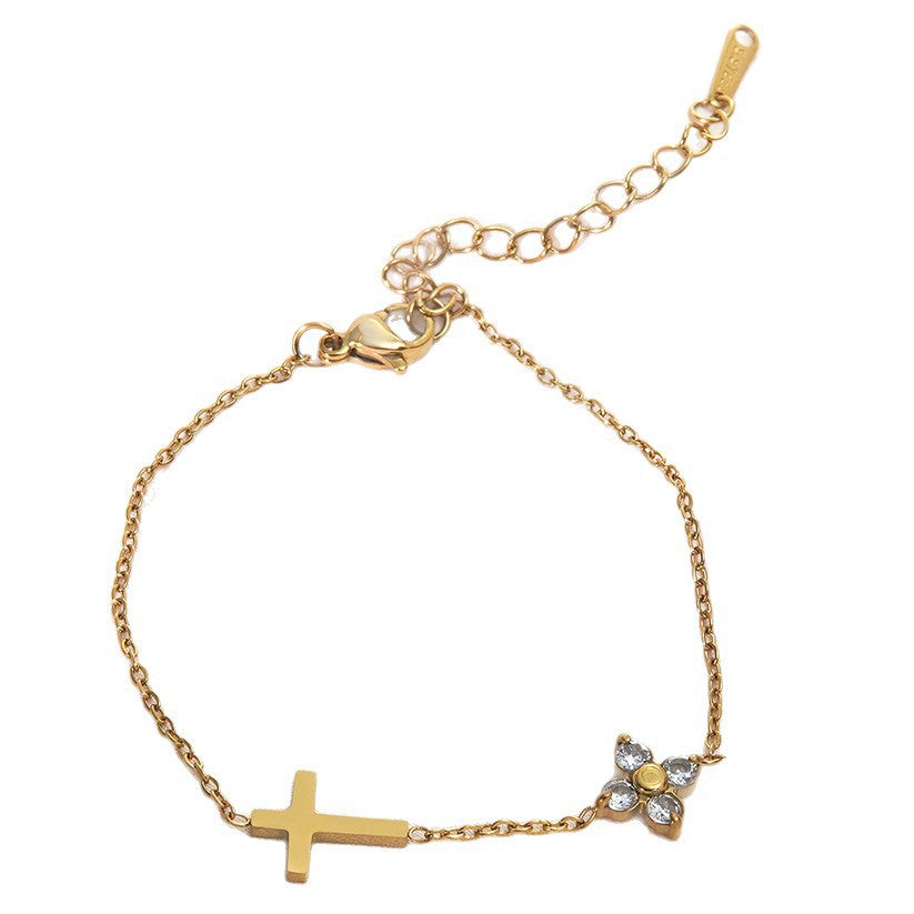 Bracciale da donna in Acciaio Inossidabile Placcato, Elegante, Minimalista, a Croce Floreale con Zirconi Cubici