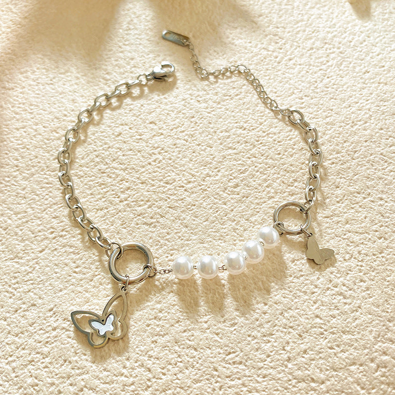 Minimalist Gold Plated Titanium Steel Butterfly Bracelet with Mother of Pearl and Pearl Inlay