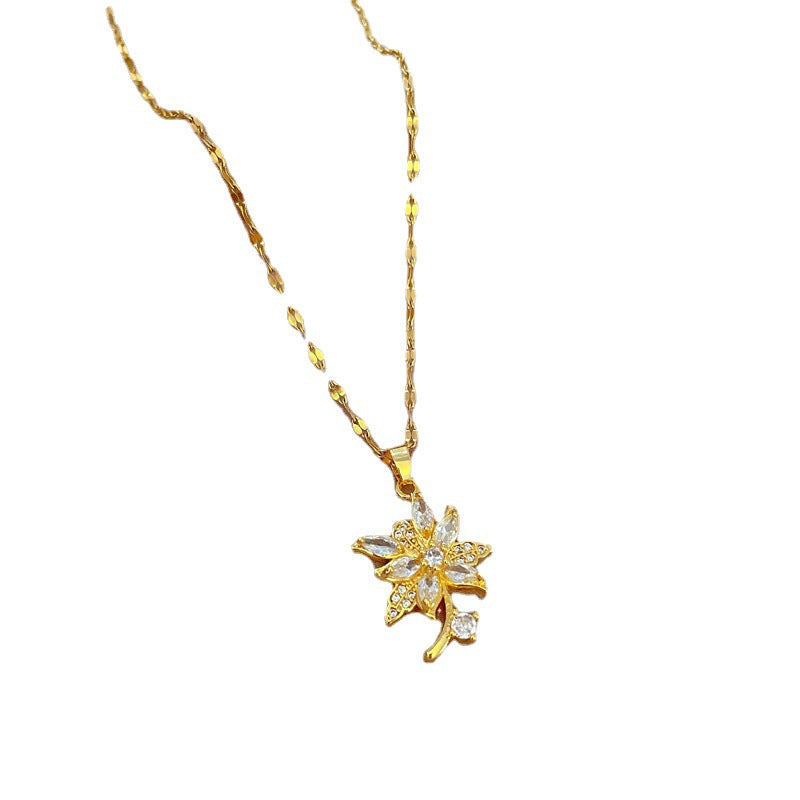 Collana con pendente geometrico floreale in acciaio al titanio di lusso con intarsio in strass per donna e uomo