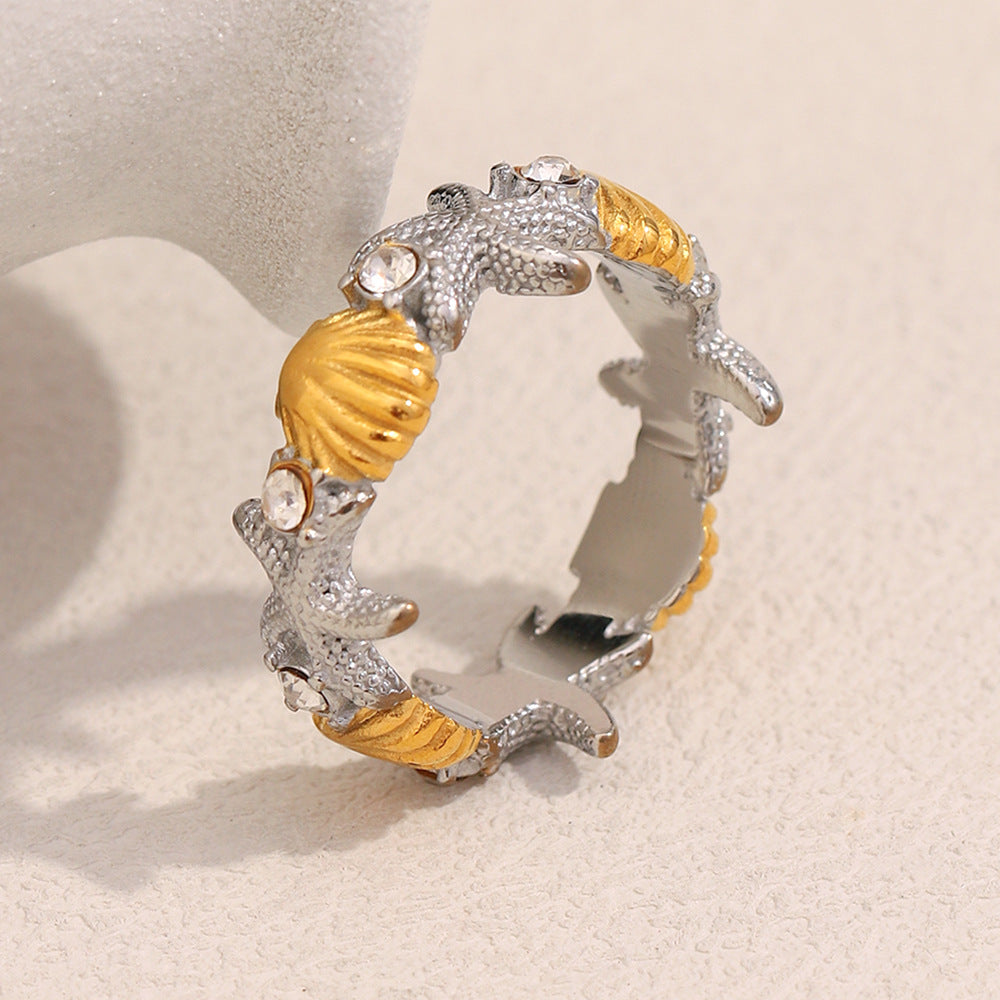 Fashionable Starfish-Shaped Stainless Steel Ring with 18K Gold Plating for Women