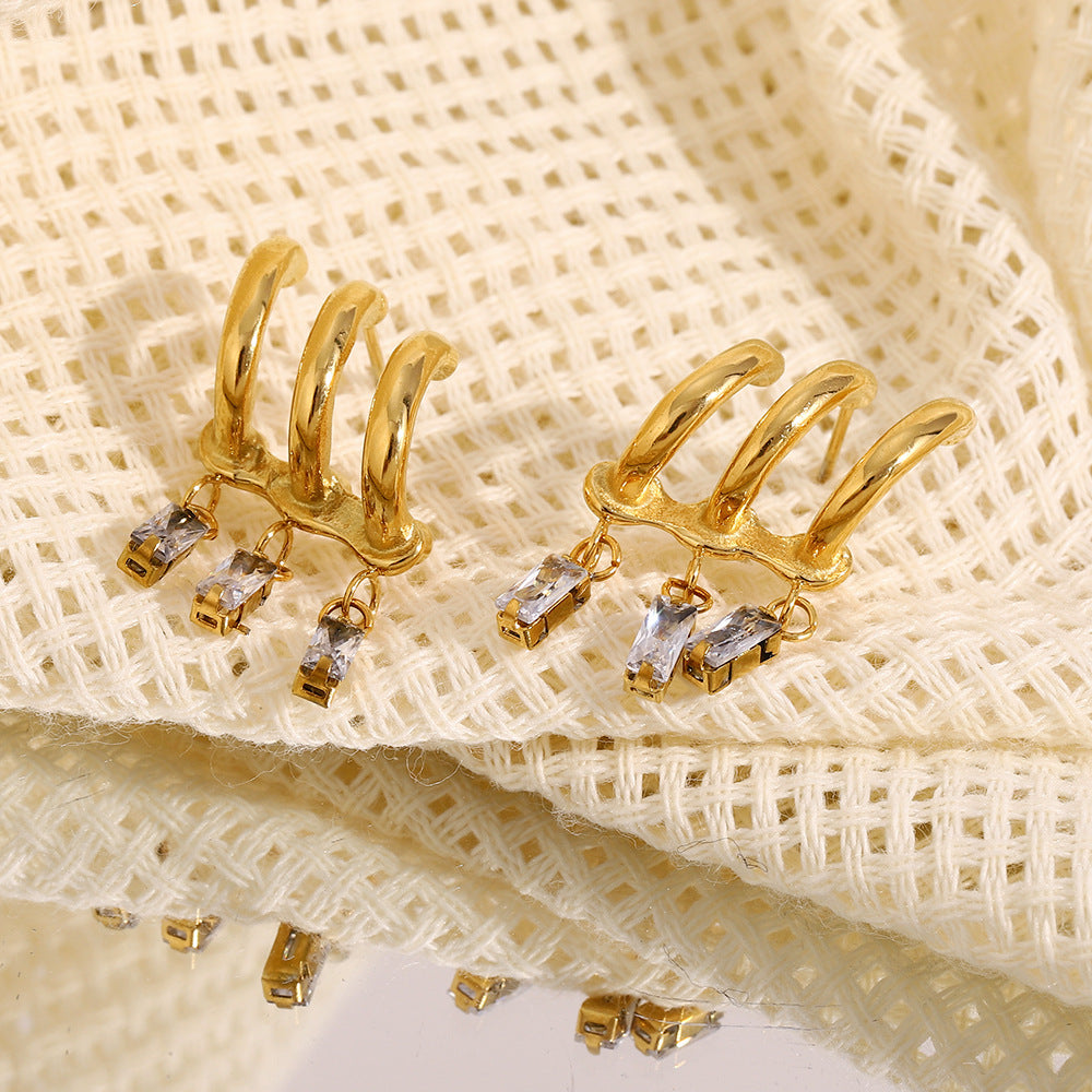 Fashionable Geometric Stainless Steel Earrings with 18K Gold Plating and Zircon Fringe for Women
