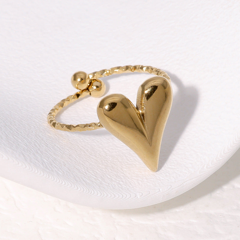 Minimalist Heart-Shaped Open-Ended Stainless Steel Ring with Gold Plating for Women