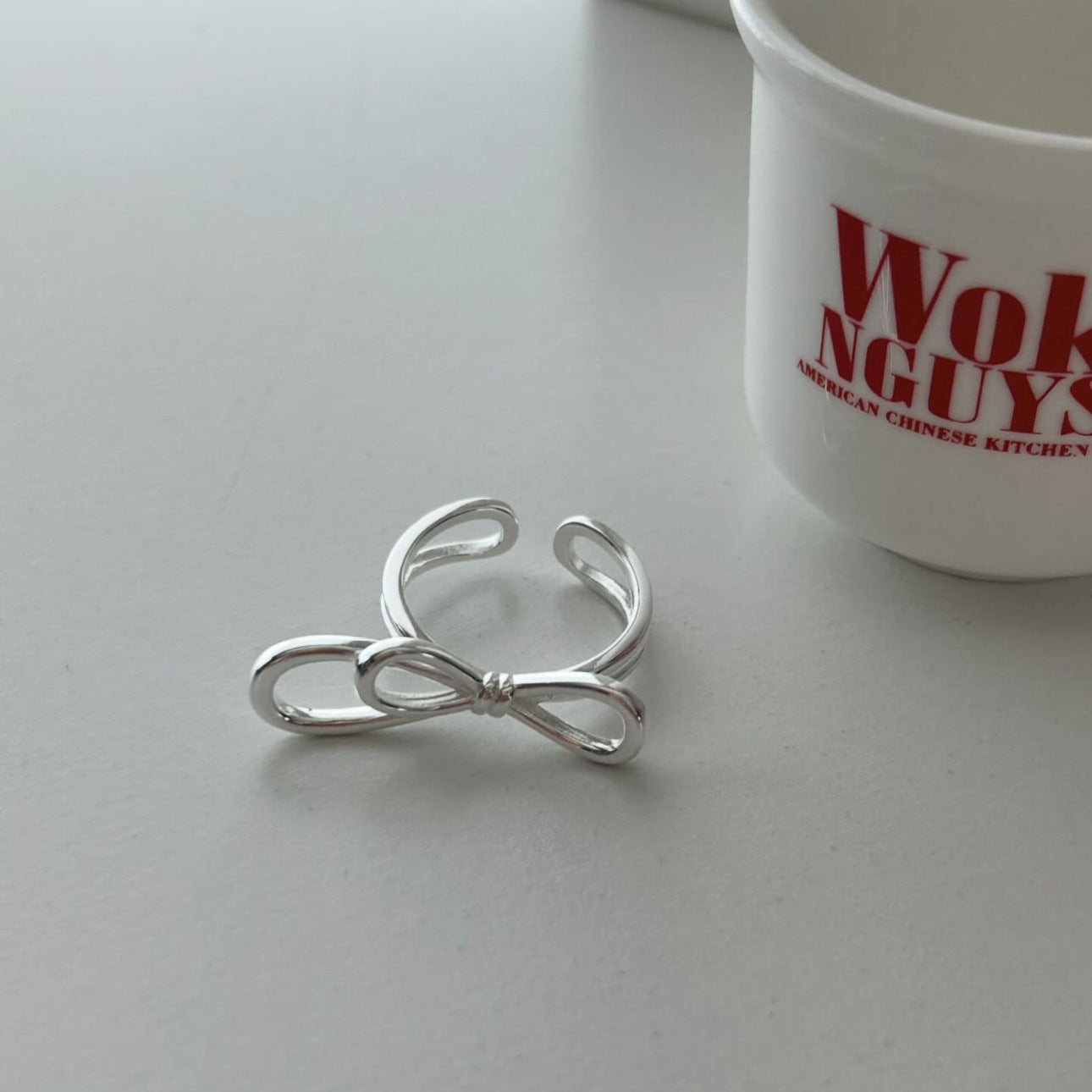 Minimalist Sweet 925 Sterling Silver Heart Bow Open Ring for Women