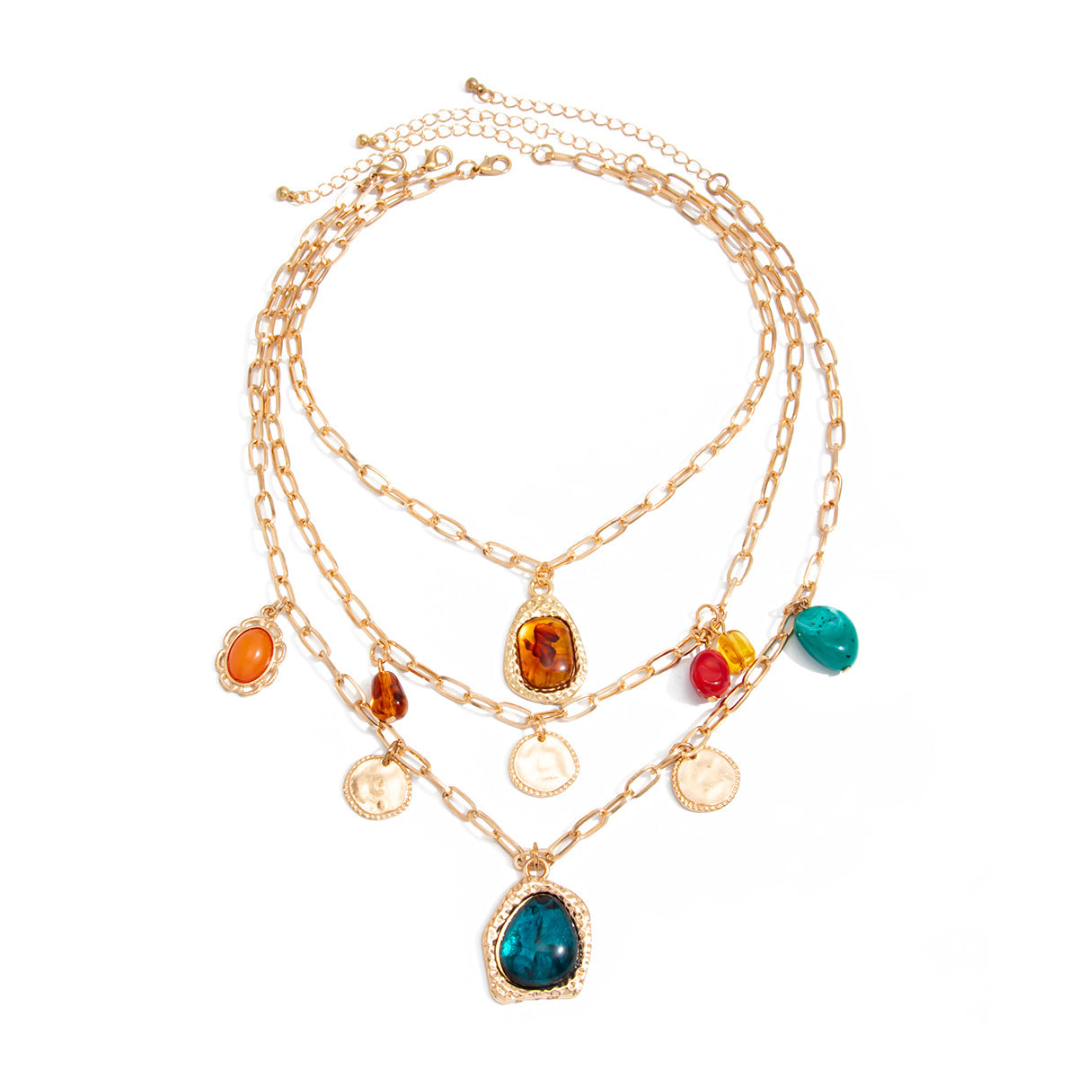 Ins Style Geometric Oval Multi-color Gradient Resin Gemstone Zinc Alloy Pendant Plated Iron Necklace for Women
