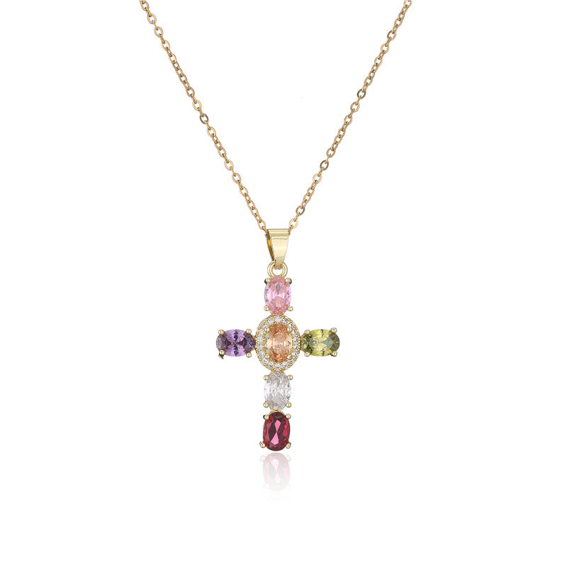 Minimalist Geometric Cross Brass Inlaid Cubic Zirconia Pendant Necklace with Cable Chain for Women