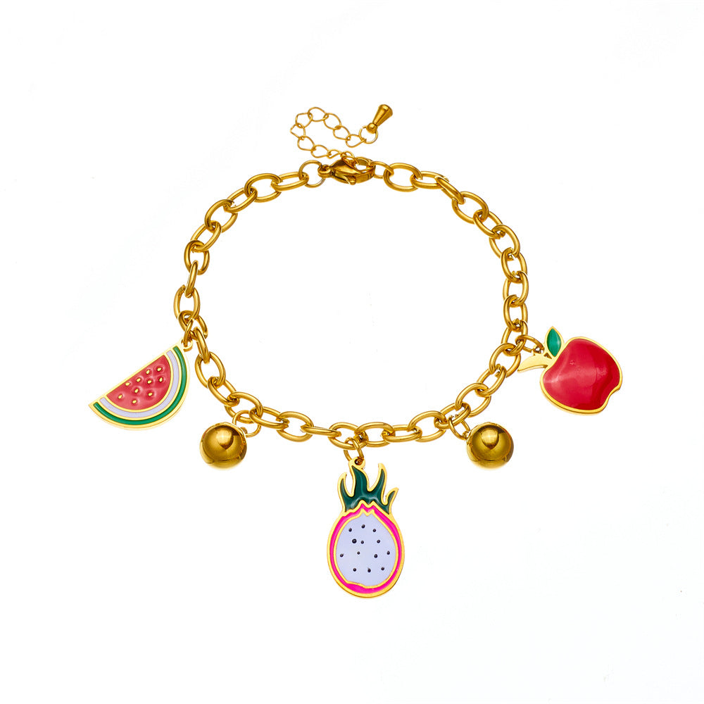 Cartoon Fruit-Shaped Enamel Pendant Bracelet for Women with Stainless Steel Chain in Dragon Fruit Watermelon and Apple Designs