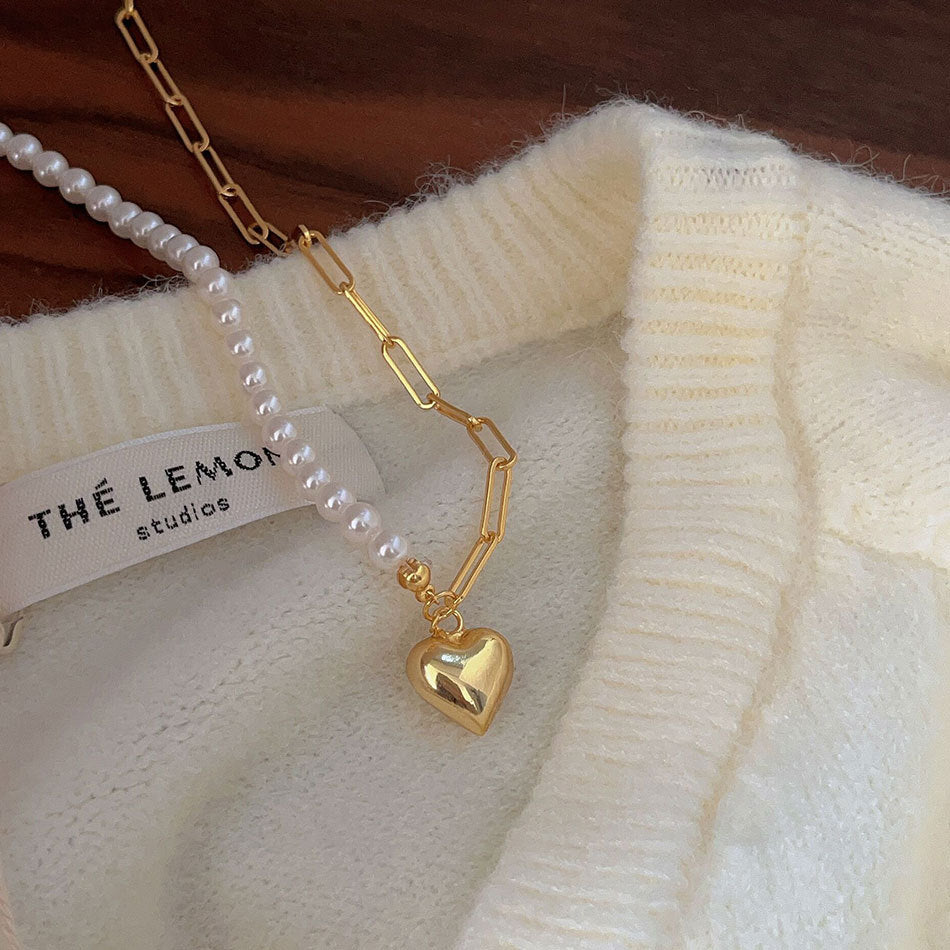 Sweet 925 Sterling Silver Heart Necklace with Crystal and Pearl Inlay for Women