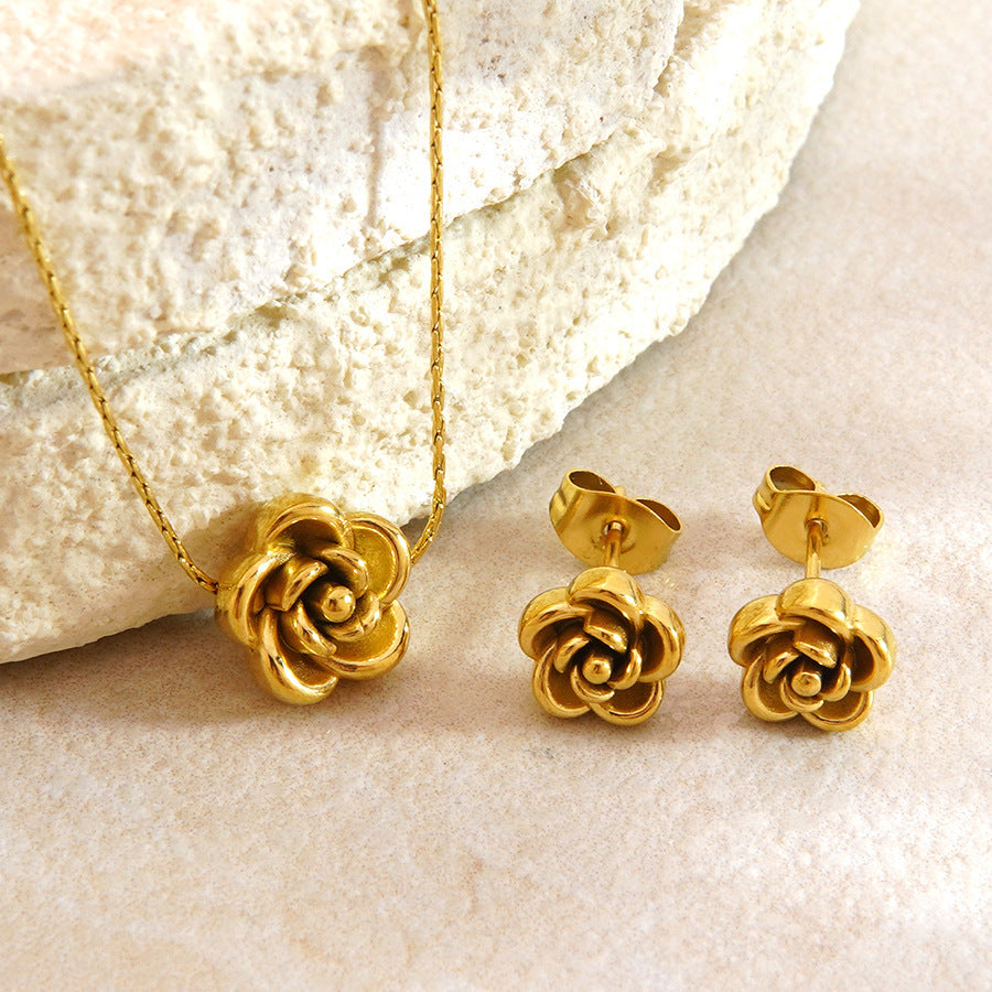 Vintage Elegant Gold Plated Stainless Steel Floral Necklace and Earring Set for Women