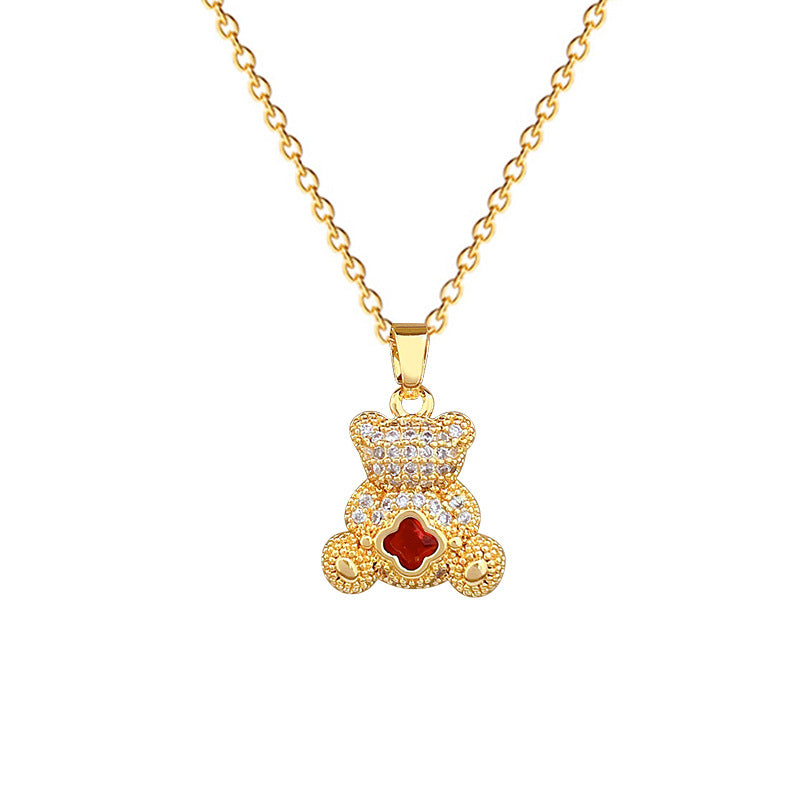 Sweet Cartoon 3D Red Bear Rhinestone Titanium Steel Necklace for Unisex