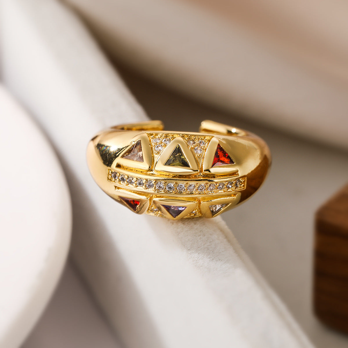 Minimalist Geometric Open Ring for Women in Brass with Micro-Pavé Zirconia, Vintage-Inspired Luxury Jewelry