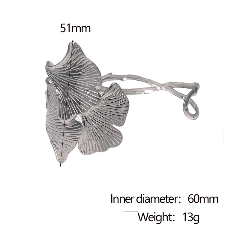 Minimalist Ginkgo Leaf Shaped Stainless Steel Bracelet with 18K Gold Plating for Women
