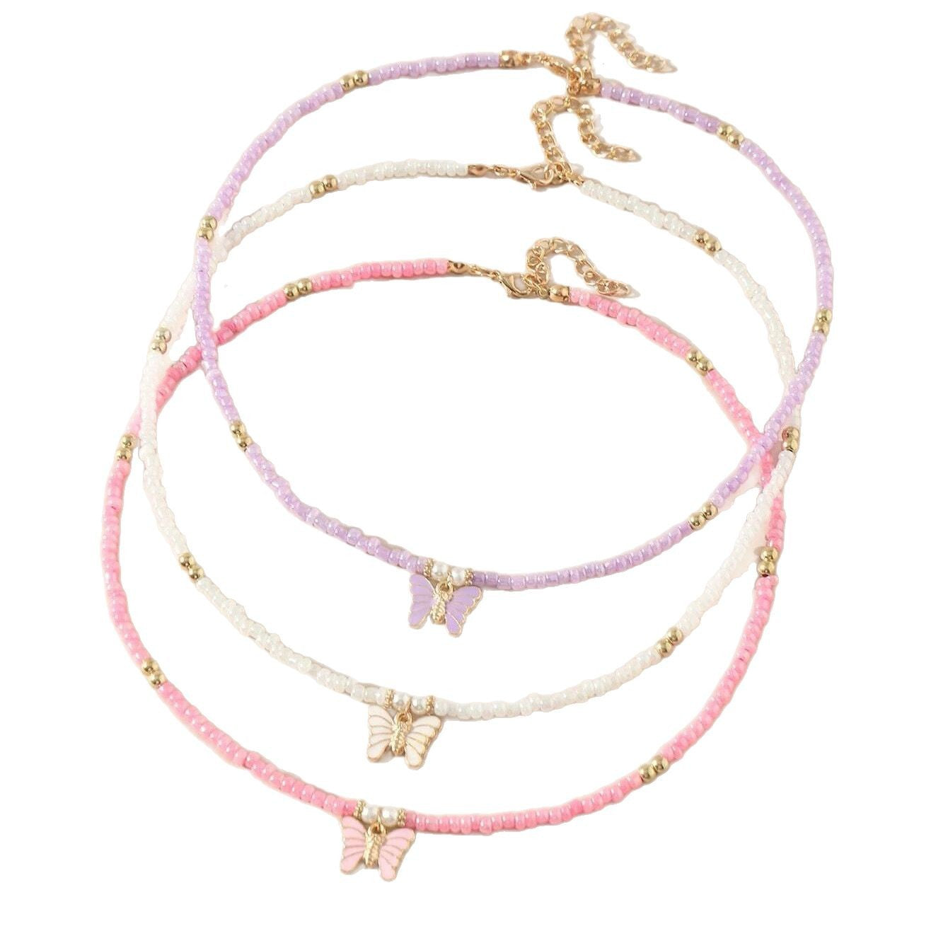 Collana con Ciondolo a Farfalla in Stile Bohemien con Perle di Vetro Colorate per Ragazze, Design Dolce su Catena a Maglie Sferiche
