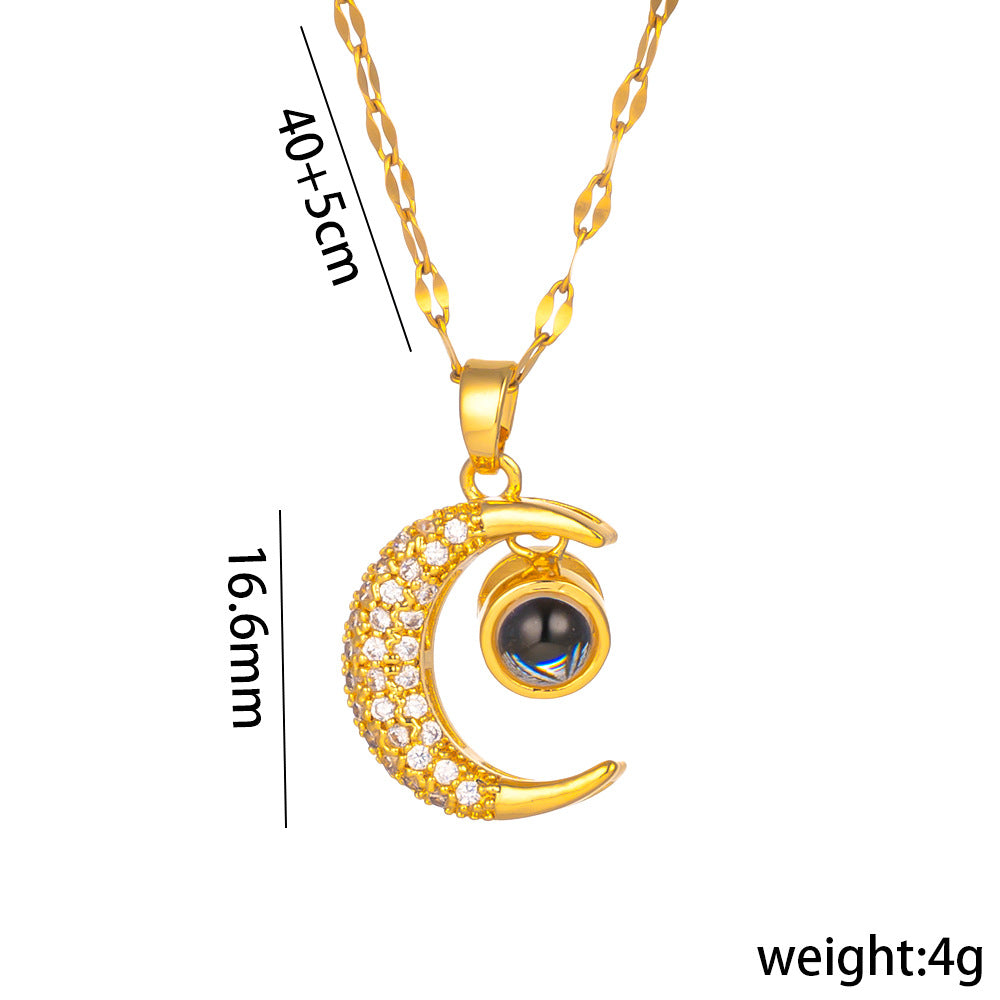Minimalist Moon-Shaped Pendant Necklace in Titanium Steel with Plated Finish and Rhinestone Inlay for Women