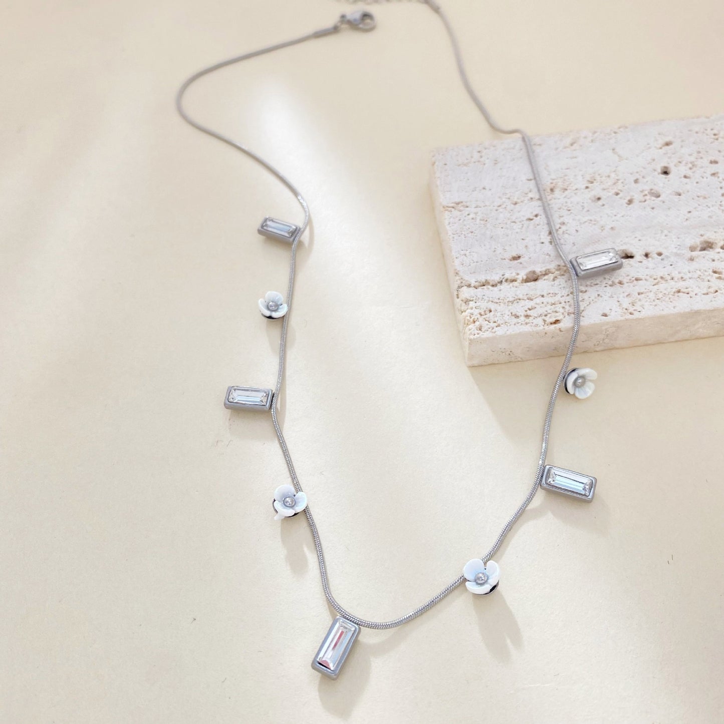 Luxury Micro-Paved Cubic Zirconia Floral Titanium Steel Necklace with Snake Chain