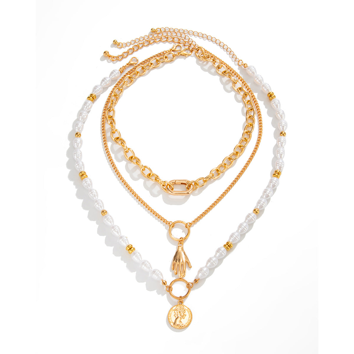 Vintage Baroque Geometric Round Zinc Alloy Pendant Iron Plated Pearl Chain Necklace for Women