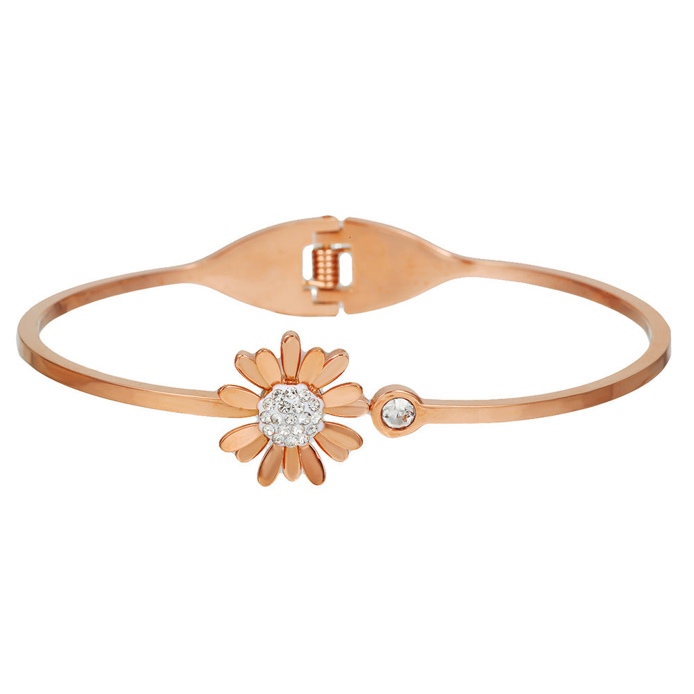 Fashion Floral Plant Rhinestone Inlay Plated Titanium Steel Open Cuff Bracelet for Women