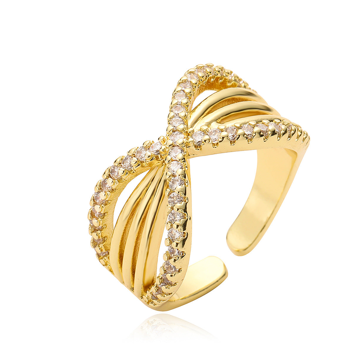 Anello aperto geometrico lussuoso minimalista da donna in ottone placcato oro vero con intarsio di zirconi