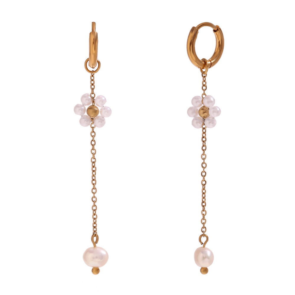 Minimalist Geometric Stainless Steel Ear Cuffs with 18K Gold Plating and Handcrafted Pearl Floral Chain Details for Women