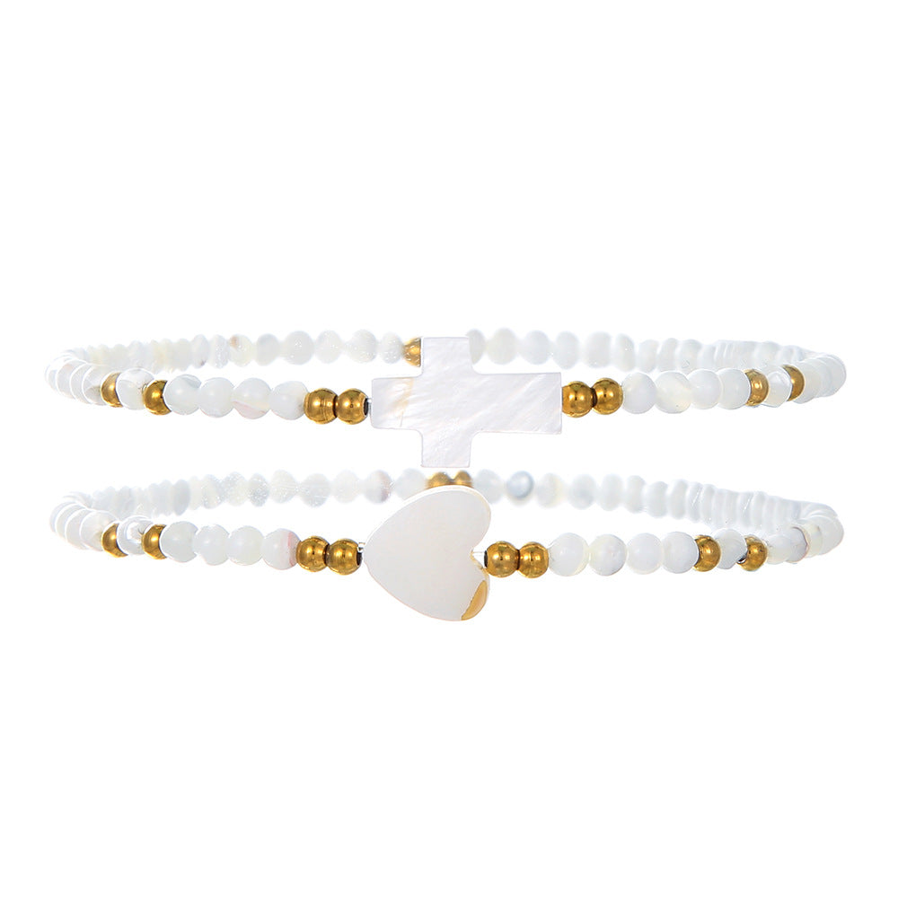 Handmade Shell Pearl Cross Heart Bracelet Set Stainless Steel Geometric Beach Jewelry