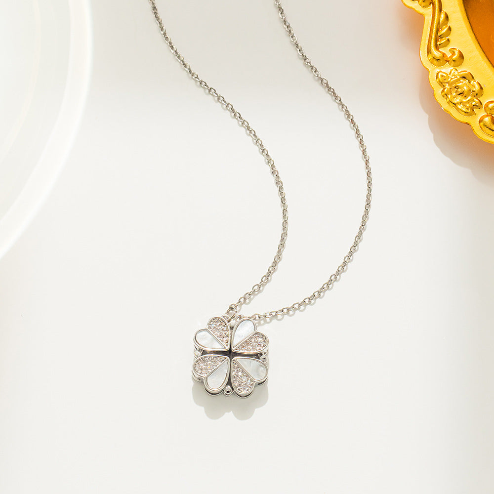 Minimalist Heart and Clover Pendant Necklace for Women in Titanium Steel with Rhinestone Inlay on O-Chain