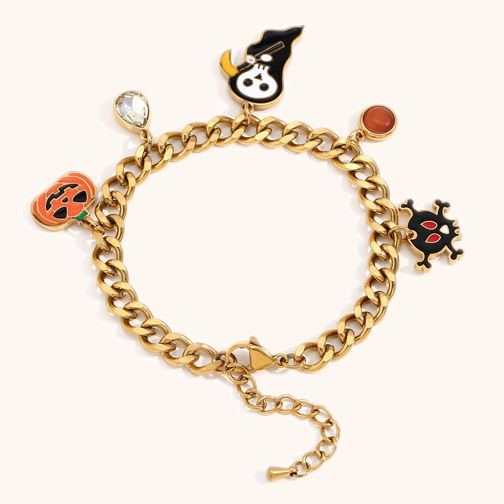 Cute Halloween-Themed Cartoon Pumpkin Pendant Stainless Steel Cuban Bracelet with 18K Gold Plating for Women