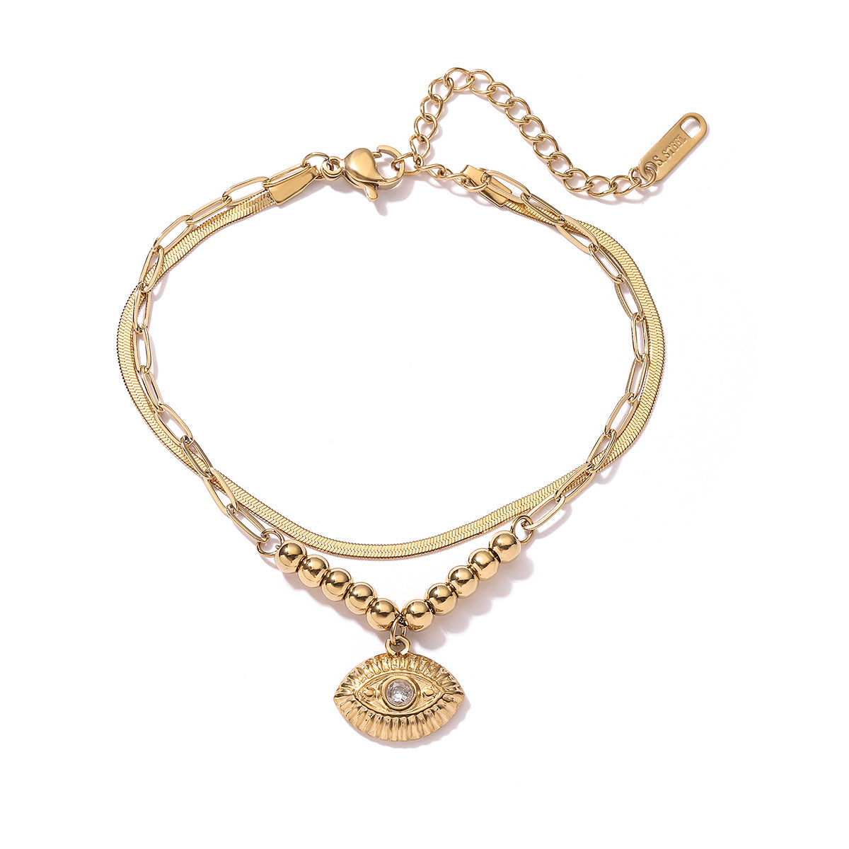 Vintage Evil Eye Pendant Bracelet for Women with Geometric Shape Stainless Steel Double Layer Stackable Bracelet with Plating Finish