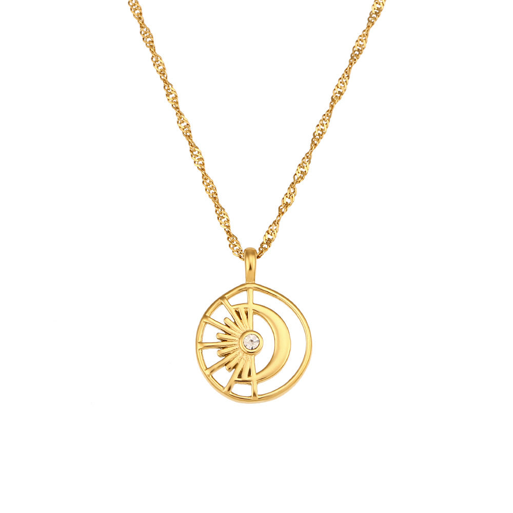 Elegante Collar Colgante Geométrico de Acero Inoxidable con Diseño Hueco de Sol y Luna Bañado en Oro de 18K para Mujer