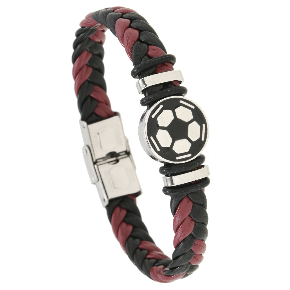 Pulsera unisex de cuero con diseño geométrico pulido y elemento luminoso de balón de fútbol