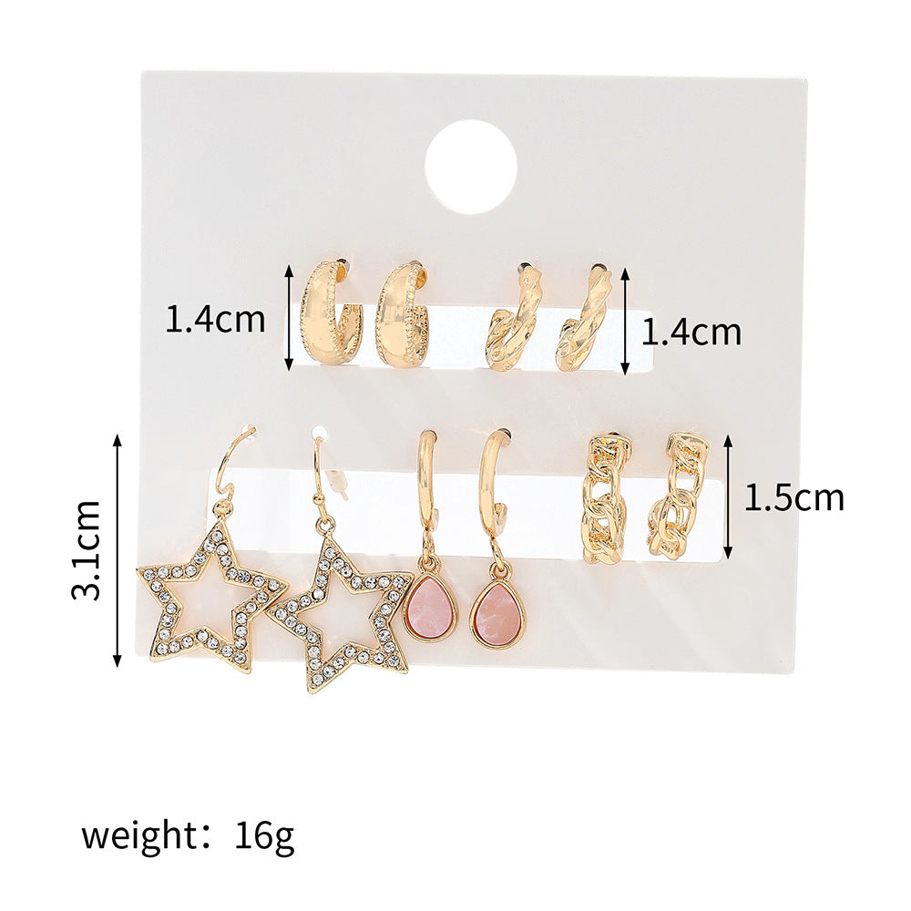 Vintage Minimalist Geometric Star Alloy Plated Rhinestone and Crystal C-Hoop Earrings Set